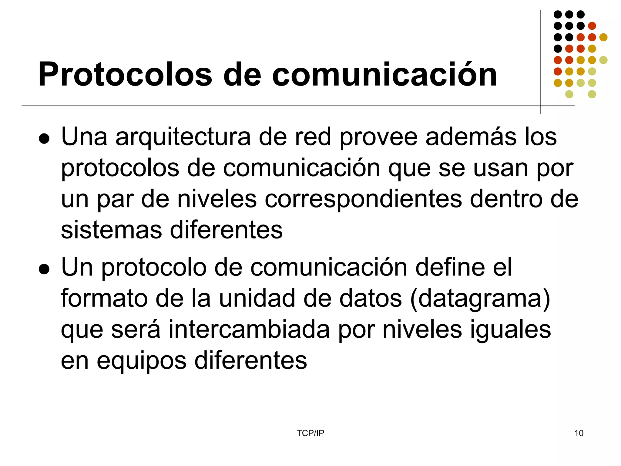 Protocolos de comunicación
 Una arquitectura de red provee además los
 protocolos de comunicación que se usan por
 un par de niveles correspondientes dentro de
 sistemas diferentes
 Un protocolo de comunicación define el
 formato de la unidad de datos (datagrama)
 que será intercambiada por niveles iguales
 en equipos diferentes

                     TCP/IP                 10
 