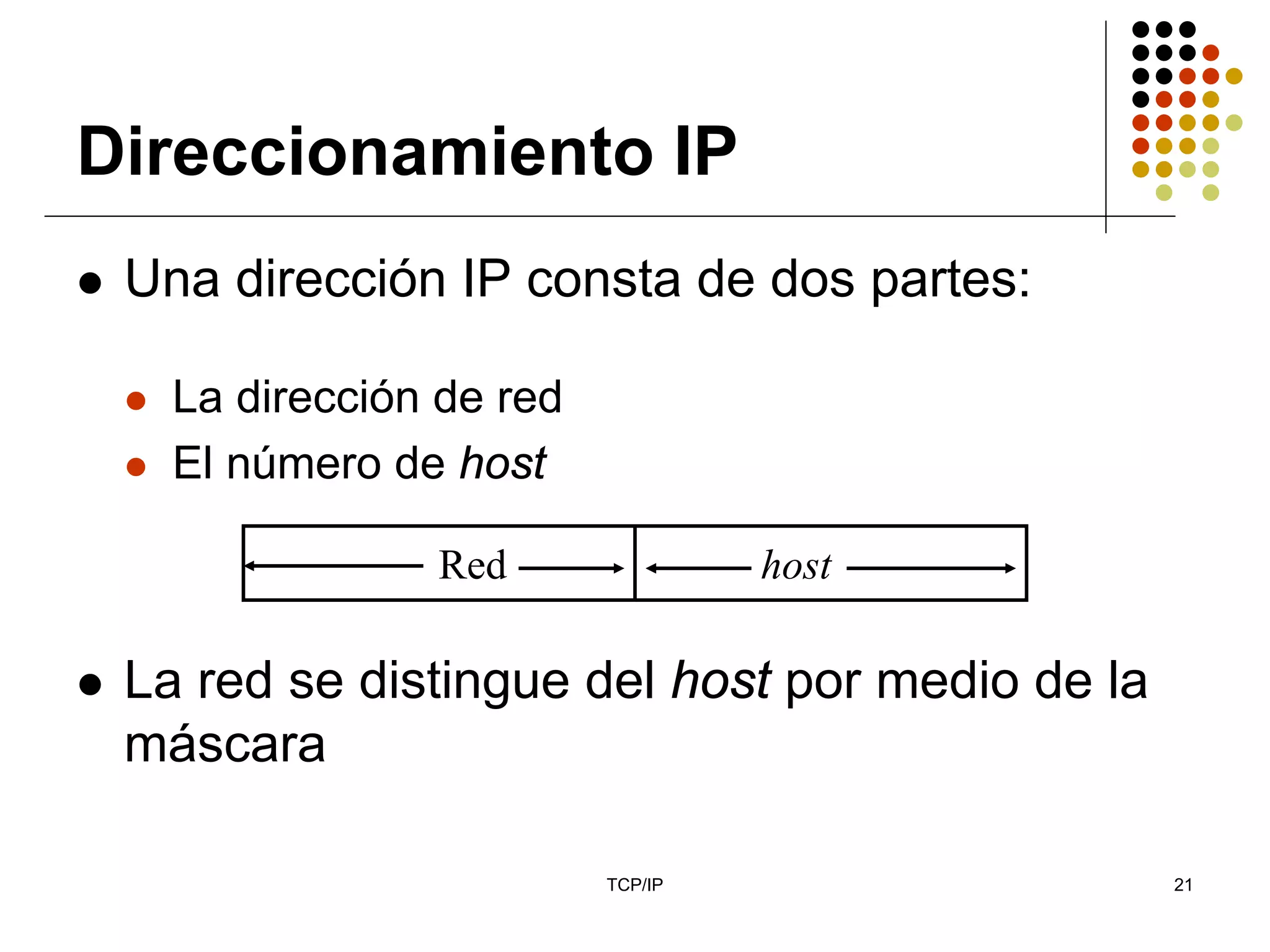 Direccionamiento IP
 Una dirección IP consta de dos partes:

   La dirección de red
   El número de host

               Red                host

 La red se distingue del host por medio de la
 máscara

                         TCP/IP                 21
 