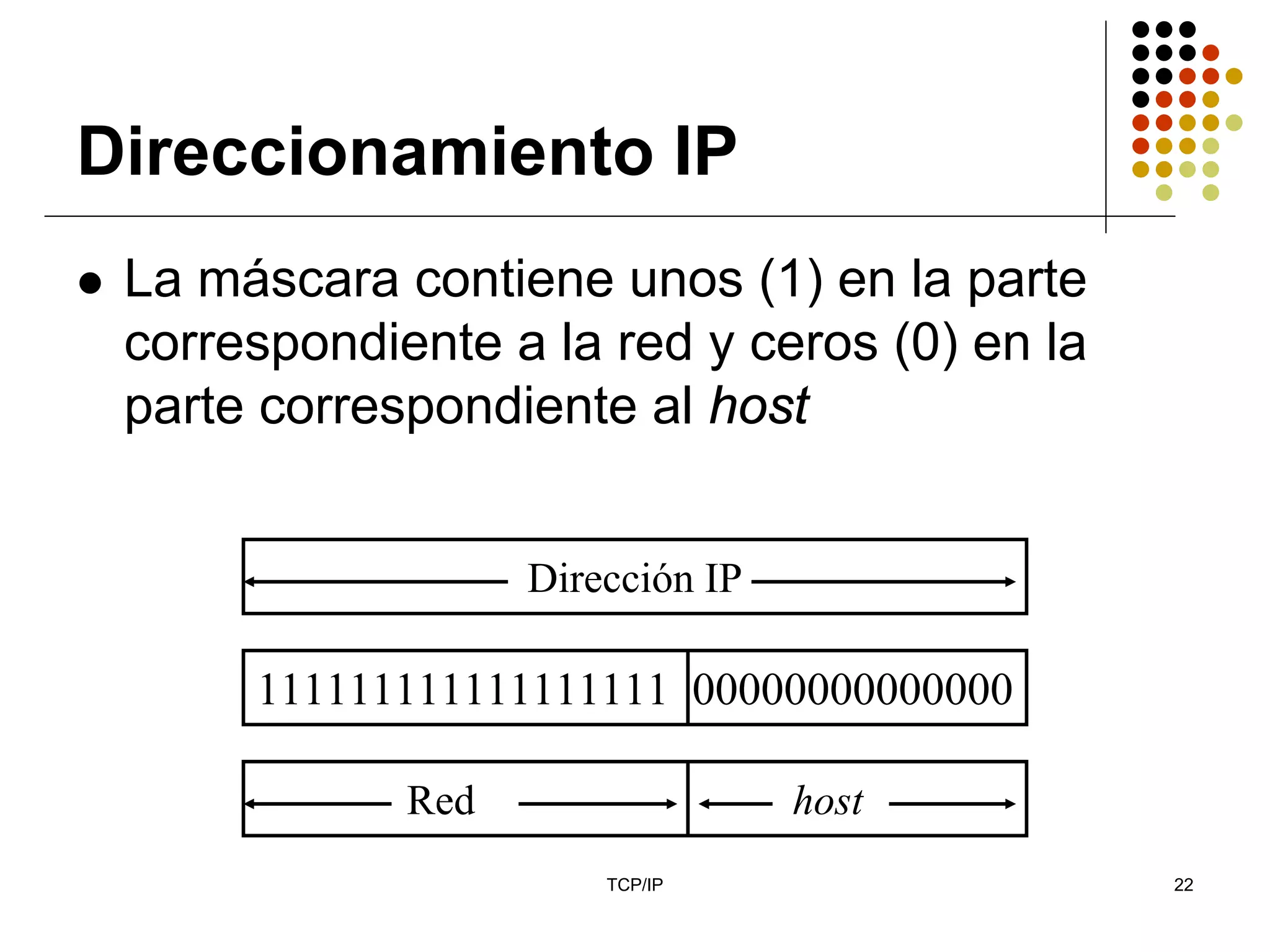 Direccionamiento IP
 La máscara contiene unos (1) en la parte
 correspondiente a la red y ceros (0) en la
 parte correspondiente al host


                   Dirección IP

      111111111111111111 00000000000000

             Red                  host
                       TCP/IP                 22
 