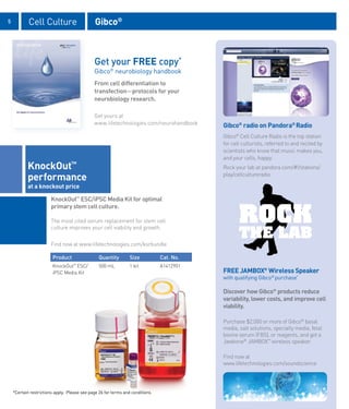 5           Cell Culture                       Gibco®



                                              Get your FREE copy*
                                              Gibco® neurobiology handbook
                                              From cell differentiation to
                                              transfection—protocols for your
                                              neurobiology research.

                                              Get yours at
                                              www.lifetechnologies.com/neurohandbook       Gibco® radio on Pandora® Radio
                                                                                           Gibco® Cell Culture Radio is the top station
                                                                                           for cell culturists, referred to and recited by
                                                                                           scientists who know that music makes you,
                                                                                           and your cells, happy.
           KnockOut™                                                                       Rock your lab at pandora.com/#!/stations/

           performance                                                                     play/cellcultureradio

           at a knockout price

                        KnockOut™ ESC/iPSC Media Kit for optimal
                        primary stem cell culture.

                        The most cited serum replacement for stem cell
                        culture improves your cell viability and growth.


                        Find now at www.lifetechnologies.com/ksrbundle

                        Product                  Quantity        Size           Cat. No.
                        KnockOut™ ESC/           500 mL          1 kit          A1412901
                        iPSC Media Kit                                                     FREE JAMBOX® Wireless Speaker
                                                                                           with qualifying Gibco® purchase*

                                                                                           Discover how Gibco® products reduce
                                                                                           variability, lower costs, and improve cell
                                                                                           viability.

                                                                                           Purchase $2,000 or more of Gibco® basal
                                                                                           media, salt solutions, specialty media, fetal
                                                                                           bovine serum (FBS), or reagents, and get a
                                                                                           Jawbone® JAMBOX™ wireless speaker.

                                                                                           Find now at
                                                                                           www.lifetechnologies.com/soundscience




    *Certain restrictions apply. Please see page 26 for terms and conditions.
 