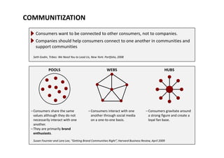 COMMUNITIZATION
Consumers want to be connected to other consumers, not to companies.
Companies should help consumers connect to one another in communities and p p
support communities
Seth Godin, Tribes: We Need You to Lead Us, New York: Portfolio, 2008
POOLS WEBS HUBS
–Consumers share the same 
values although they do not
–Consumers interact with one 
another through social media
–Consumers gravitate around 
a strong figure and create avalues although they do not 
necessarily interact with one 
another.
–They are primarily brand 
enthusiasts
another through social media 
on a one‐to‐one basis.
a strong figure and create a 
loyal fan base.
Susan Fournier and Lara Lee, “Getting Brand Communities Right”, Harvard Business Review, April 2009
enthusiasts.
 