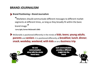 BRAND JOURNALISM
Brand Positioning = Brand Journalism
“Marketers should communicate different messages to different marketMarketers should communicate different messages to different market 
segments at different times, as long as they broadly fit within the basic 
brand image.”brand image.
‐Larry Light, former McDonald’s CMO‐
McDonalds is positioned differently in the minds of kids teens young adultsMcDonalds is positioned differently in the minds of kids, teens, young adults, 
parents and seniors. It is positioned differently at breakfast, lunch, dinner, 
snack, weekday, weekend, with kids or on a business trip., y, , p
 