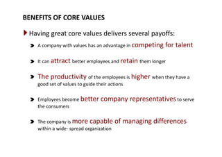 BENEFITS OF CORE VALUES
Having great core values delivers several payoffs:
ti f t l tA company with values has an advantage in competing for talent
It can attract better employees and retain them longerIt can attract better employees and retain them longer
The productivity of the employees is higher when they have aThe productivity of the employees is higher when they have a 
good set of values to guide their actions
b iEmployees become better company representatives to serve 
the consumers
The company is more capable of managing differences 
within a wide‐ spread organization
 