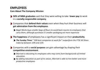 EMPLOYEES
Care About The Company MissionCare About The Company Mission
50% of MBA graduates said that they were willing to take  lower pay to work 
in a socially‐responsible companyin a socially‐responsible company.
Companies that defend their values even when they hurt their business will 
get admiration from the employees.get ad at o o t e e p oyees
Bagel Works buys smaller bags of flours to avoid back‐injuries to employees that 
carry them, although purchases in smaller packaging are more expensive
The happiness of employees has a significant impact on their productivity.
The Sunday Times’ “100 best companies to work for” outperform the FTSE All Share 
Index by between 10% and 15%Index by between 10% and 15%
Companies with a social purpose can gain advantage by shaping their 
competitive environment.competitive environment.
Marriott is educating its employees who may come from backgrounds of limited 
education. 
By adding education as part of its values Marriott is able to hire better and moreBy adding education as part of its values, Marriott is able to hire better and more 
productive employees
 