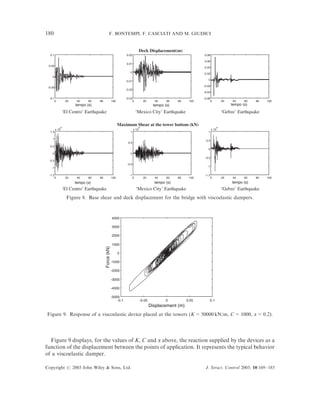 180                                           F. BONTEMPI, F. CASCIATI AND M. GIUDICI


                                                                              Deck Displacement(m)
  0.1                                                          0.02                                             0.08

                                                                                                                0.06
                                                               0.01
 0.05
                                                                                                                0.04
                                                                  0                                             0.02
    0
                                                               -0.01                                               0

                                                                                                                -0.02
 -0.05
                                                               -0.02
                                                                                                                -0.04

  -0.1                                                         -0.03                                            -0.06
      0          20    40    60   80                100             0           20      40     60   80    100        0         20   40     60   80   100
                      tempo (s)                                                         tempo (s)                                   tempo (s)
                ‘El Centro’ Earthquake                                  ‘Mexico City’ Earthquake                               ‘Gebze’ Earthquake

                                                          Maximum Shear at the tower bottom (kN)
            4                                                             4                                                4
         x 10                                                          x 10                                             x 10
  1.5                                                             1                                                1

    1
                                                                                                                 0.5
                                                                0.5
  0.5
                                                                                                                   0
    0                                                             0
                                                                                                                 -0.5
  -0.5
                                                                -0.5
                                                                                                                  -1
   -1

  -1.5                                                           -1                                              -1.5
      0          20    40    60   80                100            0            20      40     60   80    100        0         20   40     60   80   100
                      tempo (s)                                                         tempo (s)                                   tempo (s)
                ‘El Centro’ Earthquake                                   ‘Mexico City’ Earthquake                              ‘Gebze’ Earthquake
                  Figure 8. Base shear and deck displacement for the bridge with viscoelastic dampers.


                                                    4000

                                                    3000

                                                    2000

                                                    1000
                                       Force (kN)




                                                          0

                                                    -1000

                                                    -2000

                                                    -3000

                                                    -4000

                                                    -5000
                                                        -0.1                  -0.05            0         0.05       0.1
                                                                                      Displacement (m)
Figure 9. Response of a viscoelastic device placed at the towers (K = 50000 kN/m, C = 1000, a = 0.2).




  Figure 9 displays, for the values of K, C and a above, the reaction supplied by the devices as a
function of the displacement between the points of application. It represents the typical behavior
of a viscoelastic damper.

Copyright # 2003 John Wiley & Sons, Ltd.                                                                         J. Struct. Control 2003; 10:169–185
 