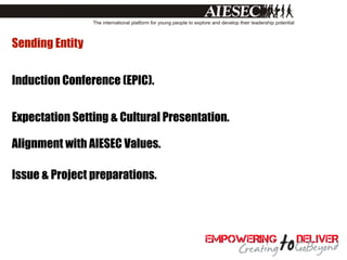 Sending Entity


Induction Conference (EPIC).


Expectation Setting & Cultural Presentation.

Alignment with AIESEC Values.

Issue & Project preparations.
 