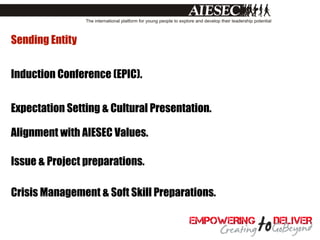 Sending Entity


Induction Conference (EPIC).


Expectation Setting & Cultural Presentation.

Alignment with AIESEC Values.

Issue & Project preparations.

Crisis Management & Soft Skill Preparations.
 