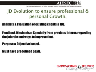 JD Evolution to ensure professional &
             personal Growth.
Analysis & Evaluation of existing clients & JDs.

Feedback Mechanism Specially from previous Interns regarding
the job role and ways to improve that.

Purpose & Objective based.

Must have predefined goals.
 