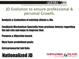 JD Evolution to ensure professional &
             personal Growth.
Analysis & Evaluation of existing clients & JDs.

Feedback Mechanism Specially from previous Interns regarding
the job role and ways to improve that.

Purpose & Objective based.

Must have predefined goals.

Entrepreneurial Job Role.

Nationalized JD
 