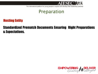 Preparation
Hosting Entity

Standardized Prematch Documents Ensuring Right Preparations
& Expectations.
 