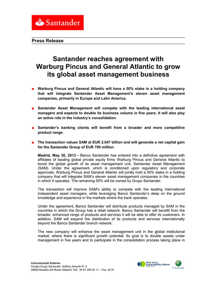 Santander reaches agreement with Warburg Pincus and General Atlantic to