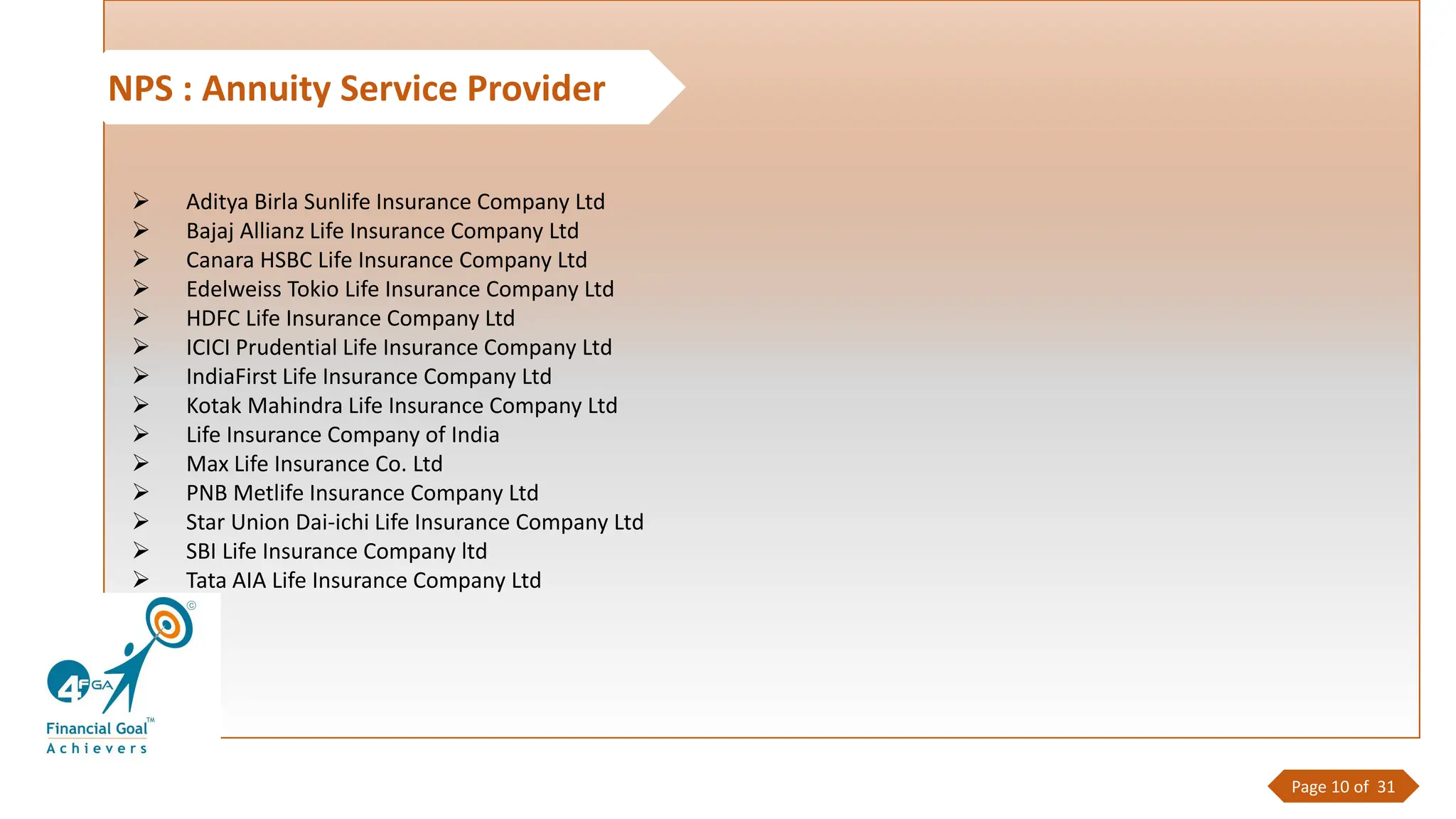 NPS : Annuity Service Provider
➢ Aditya Birla Sunlife Insurance Company Ltd
➢ Bajaj Allianz Life Insurance Company Ltd
➢ Canara HSBC Life Insurance Company Ltd
➢ Edelweiss Tokio Life Insurance Company Ltd
➢ HDFC Life Insurance Company Ltd
➢ ICICI Prudential Life Insurance Company Ltd
➢ IndiaFirst Life Insurance Company Ltd
➢ Kotak Mahindra Life Insurance Company Ltd
➢ Life Insurance Company of India
➢ Max Life Insurance Co. Ltd
➢ PNB Metlife Insurance Company Ltd
➢ Star Union Dai-ichi Life Insurance Company Ltd
➢ SBI Life Insurance Company ltd
➢ Tata AIA Life Insurance Company Ltd
Page 10 of 31
 