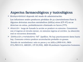 Aspectos farmacológicos y toxicológicosAspectos farmacológicos y toxicológicos
 Biodisponibilidad: depende del modo de administración.
Las infusiones orales producen pérdidas de p.a (metabolismo Fase I).
Algunos detentan muchos metabolitos (AAILs) otros (CP-47) no se
detectan en orina, probablemente eliminado en heces (???).
 Absorción: luego de fumado la acción se produce en minutos. Consistente
con el ingreso al circuito menor, en minutos ingresa al cerebro. La absorción
oral se encuentra demorada.
 Distribución y metabolismo: Vd ,lipofilico. No hay practicamente datos hasta
hoy. Consumo crónico produce acumulación probable en grasas.
Estudio de metabolismo: solo en pocos y en AAILs (JWH-018, JWH-
073,JWH-015, AM2201, CP-55,940). AKB-48,mediante hepatocitos humanos.
 