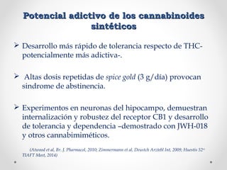 Potencial adictivo de los cannabinoidesPotencial adictivo de los cannabinoides
sintéticossintéticos
 Desarrollo más rápido de tolerancia respecto de THC-
potencialmente más adictiva-.
 Altas dosis repetidas de spice gold (3 g/día) provocan
sindrome de abstinencia.
 Experimentos en neuronas del hipocampo, demuestran
internalización y robustez del receptor CB1 y desarrollo
de tolerancia y dependencia –demostrado con JWH-018
y otros cannabimiméticos.
(Atwood et al, Br. J. Pharmacol, 2010; Zimmermann et al, Deustch Arztebl Int, 2009, Huestis 52nd
TIAFT Meet, 2014)
 