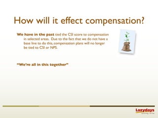 How will it effect compensation?
We have in the past tied the CSI score to compensation
  in selected areas. Due to the fact that we do not have a
  base line to do this, compensation plans will no longer
  be tied to CSI or NPS.



“We’re all in this together”
 