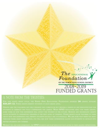 For this year’s grant cycle, the North Penn Educational Foundation awarded 34 grants totaling
$28,257.12. These grants benefit students at each grade level.
Grants like the following not only enhance the curriculum but provide a hands-on and innovative way for
students to embrace and fully comprehend the lesson. When NPSD educators apply for these grants,
some think of how this experience will affect the student in the future. Science and technology grants
allow students to understand theories at the next level of thinking. Other grants allow teachers to think
about how this experience will benefit students socially and vocationally. We are sure that when you read
through these grant descriptions, you will see how these experiences allow our students to develop into
better students and citizens.
Without you and your generousity, the NPSD students and staff would not have access to these amazing opportunities.
Funded grants
2018-2019
A note from the trustees:
 