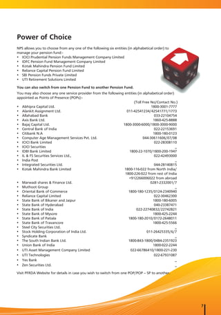Power of Choice
NPS allows you to choose from any one of the following six entities (in alphabetical order) to
manage your pension fund:-
y ICICI Prudential Pension Funds Management Company Limited
y IDFC Pension Fund Management Company Limited
y Kotak Mahindra Pension Fund Limited
y Reliance Capital Pension Fund Limited
y SBI Pension Funds Private Limited
y UTI Retirement Solutions Limited

You can also switch from one Pension Fund to another Pension Fund.
You may also choose any one service provider from the following entities (in alphabetical order)
appointed as Points of Presence (POPs):-
                                                                      (Toll Free No/Contact No.)
y Abhipra Capital Ltd.                                                            1800-3001-7777
y Alankit Assignment Ltd.                                        011-42541234/42541771/1773
y Allahabad Bank                                                                    033-22104754
y Axis Bank Ltd.                                                                   1860-425-8888
y Bajaj Capital Ltd.                                           1800-3000-6000/1800-3000-9000
y Central Bank of India                                                             022-22153691
y Citibank N.A                                                                     1800-180-0123
y Computer Age Management Services Pvt. Ltd.                                 044-30611606/07/08
y ICICI Bank Limited                                                               022-28308110
y ICICI Securities                                                                               _
y IDBI Bank Limited                                                1800-22-1070/1800-200-1947
y IL & FS Securities Services Ltd.,                                                022-42493000
y India Post                                                                                     _
y Integrated Securities Ltd.                                                       044-28140815
y Kotak Mahindra Bank Limited                                   1800-116-022 from North India/
                                                                1800-226-022 from rest of India
                                                                  +912266006022 from abroad
y Marwadi shares & Finance Ltd.                                                  0281-2332001/7
y Muthoot Group                                                                                  _
y Oriental Bank of Commerce                                       1800-180-1235/0124-2340940
y Reliance Capital Limited                                                         022-30462300
y State Bank of Bikaner and Jaipur                                                 1800-180-6005
y State Bank of Hyderabad                                                          040-23387471
y State Bank of India                                                   022-22740832/22742821
y State Bank of Mysore                                                             1800-425-2244
y State Bank of Patiala                                           1800-180-2010/0172-2648011
y State Bank of Travancore                                                         1800-425-5566
y Steel City Securities Ltd.                                                                     _
y Stock Holding Corporation of India Ltd.                                      011-26425335/6/7
y Syndicate Bank                                                                                 _
y The South Indian Bank Ltd.                                      1800-843-1800/0484-2351923
y Union Bank of India                                                              1800-022-2244
y UTI Asset Management Company Limited                             022-66786410/1800-221-230
y UTI Technologies                                                                 022-67931087
y Yes Bank                                                                                       _
y Zen Securities Ltd.                                                                            _

Visit PFRDA Website for details in case you wish to switch from one POP/POP – SP to another.




                                                                                                     7
 