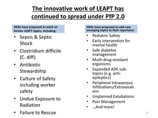 The innovative work of LEAPT has
continued to spread under PfP 2.0
HENs have proposed to work on
former LEAPT topics, including:
• Sepsis & Septic
Shock
• Clostridium difficile
(C. diff)
• Antibiotic
Stewardship
• Culture of Safety
including worker
safety
• Undue Exposure to
Radiation
• Failure to Rescue
HENs have proposed to add new
emerging topics to their repertoire:
• Pediatric Safety
• Early intervention for
mental health
• Safe diabetes
management
• Multi-drug resistant
organisms
• Expanded ADE sub-
topics (e.g. anti-
epileptics)
• Peripheral Intravenous
Infiltrations/Extravasati
ons
• Unplanned Extubations
• Pain Management
• …And more!
53
 