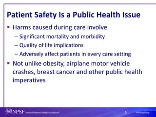 5
Patient Safety Is a Public Health Issue
 Harms caused during care involve
– Significant mortality and morbidity
– Quality of life implications
– Adversely affect patients in every care setting
 Not unlike obesity, airplane motor vehicle
crashes, breast cancer and other public health
imperatives
 