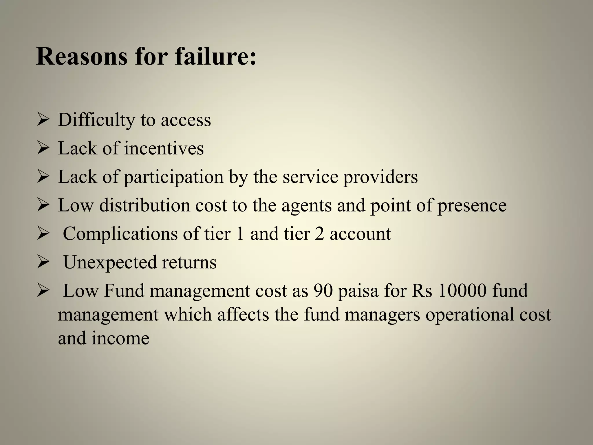 Reasons for failure:
 Difficulty to access
 Lack of incentives
 Lack of participation by the service providers
 Low distribution cost to the agents and point of presence
 Complications of tier 1 and tier 2 account
 Unexpected returns
 Low Fund management cost as 90 paisa for Rs 10000 fund
management which affects the fund managers operational cost
and income
 
