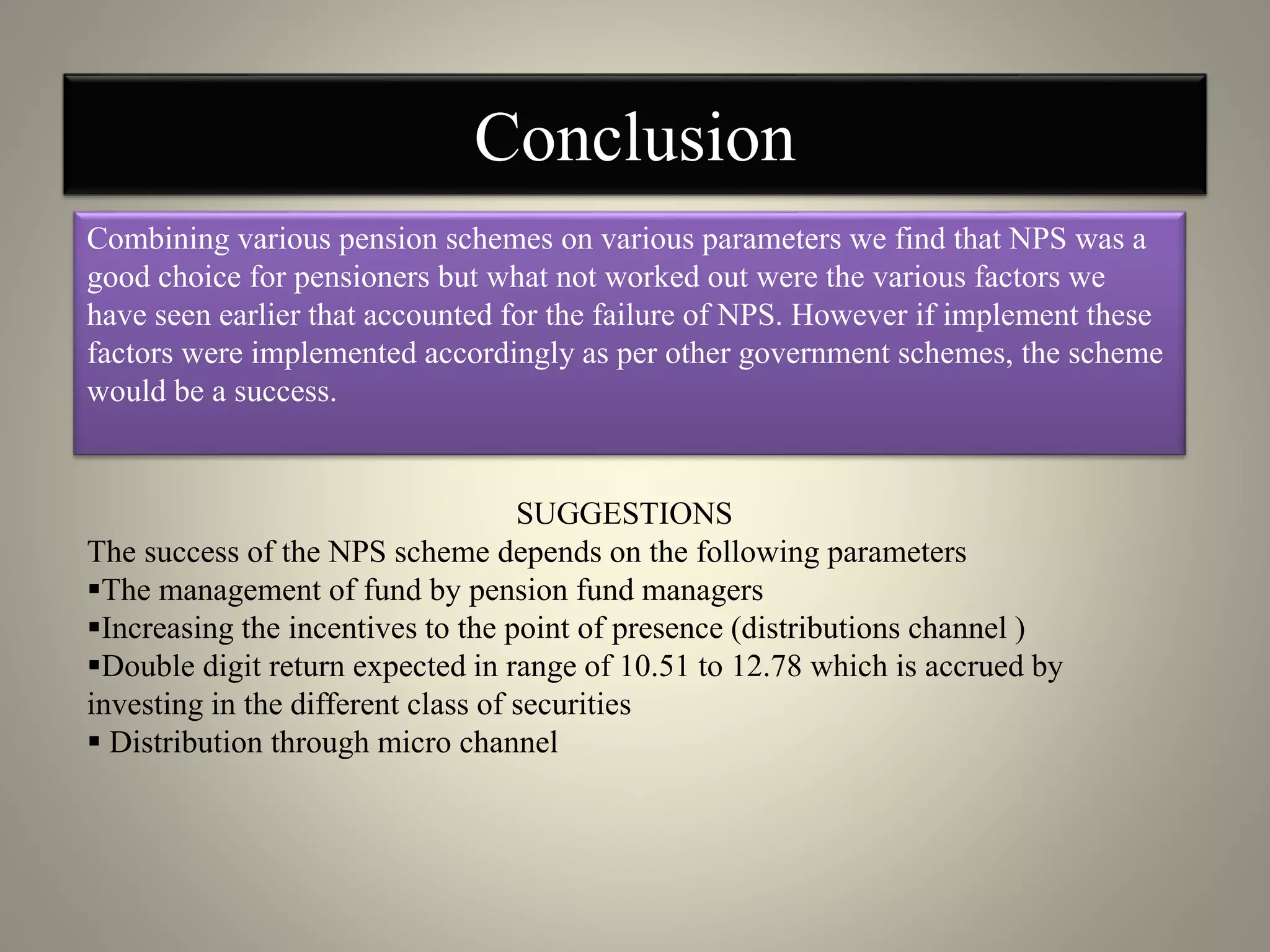 Conclusion
Combining various pension schemes on various parameters we find that NPS was a
good choice for pensioners but what not worked out were the various factors we
have seen earlier that accounted for the failure of NPS. However if implement these
factors were implemented accordingly as per other government schemes, the scheme
would be a success.
SUGGESTIONS
The success of the NPS scheme depends on the following parameters
The management of fund by pension fund managers
Increasing the incentives to the point of presence (distributions channel )
Double digit return expected in range of 10.51 to 12.78 which is accrued by
investing in the different class of securities
 Distribution through micro channel
 