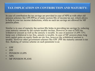 TAX IMPLICATION ON CONTRIBUTION AND MATURITY:
In case of contribution the tax savings are provided in case of NPS as with other old
pension schemes like EPF,PPFas of under section 80c of income tax act, which allows
to help in your tax income deductions, while no such tax savings are allowed for MF
pension plans.
Similar is in case of maturity the section 80c helps in providing tax savings by reducing
your maturity amount by the certain taxable income, However in case of NPS the
withdrawal amount as well as the annuity is taxable. In case of pension ULIPS 33%
lump sum withdrawal is tax free, annuity is taxable. In case of MF pension plans long
term capital gains on equity funds are tax free, however the withdrawal amount is
taxable. However other government schemes like EPF ,PPF the maturity amount is tax
free. Ranking of various scheme on such parameter is as:
• EPF
• PPF
• PENSION ULIPS
• NPS
• MF PENSION PLANS
 