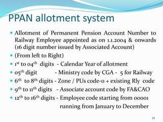 16
PPAN allotment system
 Allotment of Permanent Pension Account Number to
Railway Employee appointed as on 1.1.2004 & onwards
(16 digit number issued by Associated Account)
 (From left to Right)
 1st to 04th digits - Calendar Year of allotment
 05th digit - Ministry code by CGA - 5 for Railway
 6th to 8th digits - Zone / PUs code-0 + existing Rly code
 9th to 11th digits - Associate account code by FA&CAO
 12th to 16th digits - Employee code starting from 00001
running from January to December
16
 