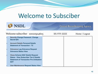 40
Welcome to Subsciber
40
 Security Change Password Change
Secret Q/A
 Account Details Personal Details
Statement of Transaction - T2
 Grievance Log Grievance Request
Grievance Status View
 Views Scheme NAV Details Request
Status - View Subscriber Tier-2 Details
Statement of Transaction Pre Unitization
SOT
 User Maintenance Request Status View
Welcome subscriber 110020924603 XX-YYY-ZZZZ Home / Logout
 