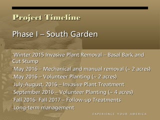 Project TimelineProject Timeline
Phase II – North GardenPhase II – North Garden
•September – October 2016 - Invasive Plant...