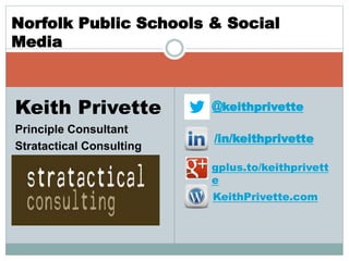 Norfolk Public Schools & Social 
Keith Privette 
Principle Consultant 
Stratactical Consulting 
@keithprivette 
/in/keithprivette 
gplus.to/keithprivett 
e 
KeithPrivette.com 
Media 
 