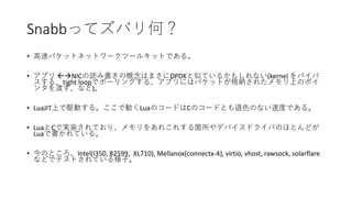 Snabbってズバリ何？
• 高速パケットネットワークツールキットである。
• アプリ NICの読み書きの概念はまさにDPDKと似ているかもしれない(kernel をバイパ
スする、tight loopでポーリングする、アプリにはパケットが格納されたメモリ上のポイ
ンタを渡す、など)。
• LuaJIT上で駆動する。ここで動くLuaのコードはCのコードとも遜色のない速度である。
• LuaとCで実装されており、メモリをあれこれする箇所やデバイスドライバのほとんどが
Luaで書かれている。
• 今のところ、Intel(I350, 82599, XL710), Mellanox(connectx-4), virtio, vhost, rawsock, solarflare
などでテストされている様子。
 