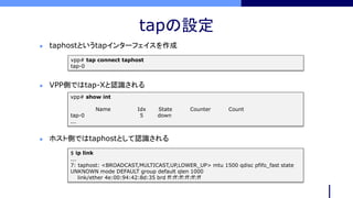 tapの設定
vpp# tap connect taphost
tap-0
 taphostというtapインターフェイスを作成
vpp# show int
Name Idx State Counter Count
tap-0 5 down
...
 VPP側ではtap-Xと認識される
 ホスト側ではtaphostとして認識される
$ ip link
...
7: taphost: <BROADCAST,MULTICAST,UP,LOWER_UP> mtu 1500 qdisc pfifo_fast state
UNKNOWN mode DEFAULT group default qlen 1000
link/ether 4e:00:94:42:8d:35 brd ff:ff:ff:ff:ff:ff
 