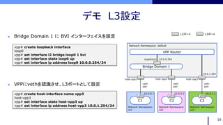 デモ L3設定
16
vpp# create loopback interface
loop0
vpp# set interface l2 bridge loop0 1 bvi
vpp# set interface state loop0 up
vpp# set interface ip address loop0 10.0.0.254/24
vpp# create host-interface name vpp3
host-vpp3
vpp# set interface state host-vpp3 up
vpp# set interface ip address host-vpp3 10.0.1.254/24
 Bridge Domain 1 に BVI インターフェイスを設定
 VPPにvethを認識させ、L3ポートとして設定
VPP Router
L3ポートL2ポート
Bridge Domain 1
C1 C2 C3
veth
pair
veth
pair
veth
pair
eth0 eth0 eth0
Network Namespace: default
Network Namespace:
ns1
Network Namespace:
ns2
Network Namespace:
ns3
10.0.0.254
10.0.1.254
10.0.0.1 10.0.0.2 10.0.1.1
host-vpp1 host-vpp2 host-vpp3
loop0(bvi)
 
