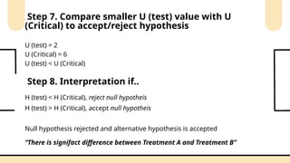 Step 7. Compare smaller U (test) value with U
(Critical) to accept/reject hypothesis
U (test) = 2
U (Critical) = 6
U (test) < U (Critical)
Step 8. Interpretation if..
H (test) < H (Critical), reject null hypotheis
H (test) > H (Critical), accept null hypotheis
Null hypothesis rejected and alternative hypothesis is accepted
“There is signifact difference between Treatment A and Treatment B”
 