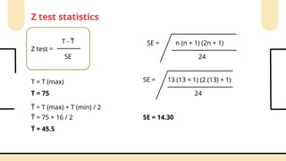 Z test =
Z test statistics
T - T
SE
_
T = T (max)
T = 75
T = T (max) + T (min) / 2
_
T = 75 + 16 / 2
_
T = 45.5
_
SE = n (n + 1) (2n + 1)
24
SE = 13 (13 + 1) (2 (13) + 1)
24
SE = 14.30
 