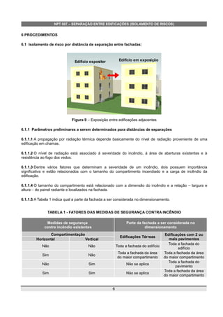 NPT 007 – SEPARAÇÃO ENTRE EDIFICAÇÕES (ISOLAMENTO DE RISCOS)
6 PROCEDIMENTOS
6.1 Isolamento de risco por distância de separação entre fachadas:
Figura 9 – Exposição entre edificações adjacentes
6.1.1 Parâmetros preliminares a serem determinados para distâncias de separações
6.1.1.1 A propagação por radiação térmica depende basicamente do nível de radiação proveniente de uma
edificação em chamas.
6.1.1.2 O nível de radiação está associado à severidade do incêndio, à área de aberturas existentes e à
resistência ao fogo dos vedos.
6.1.1.3 Dentre vários fatores que determinam a severidade de um incêndio, dois possuem importância
significativa e estão relacionados com o tamanho do compartimento incendiado e a carga de incêndio da
edificação.
6.1.1.4 O tamanho do compartimento está relacionado com a dimensão do incêndio e a relação – largura e
altura – do painel radiante e localizados na fachada.
6.1.1.5 A Tabela 1 indica qual a parte da fachada a ser considerada no dimensionamento.
TABELA 1 - FATORES DAS MEDIDAS DE SEGURANÇA CONTRA INCÊNDIO
Medidas de segurança
contra incêndio existentes
Parte da fachada a ser considerada no
dimensionamento
Compartimentação
Edificações Térreas
Edificações com 2 ou
mais pavimentosHorizontal Vertical
Não Não Toda a fachada do edifício
Toda a fachada do
edifício
Sim Não
Toda a fachada da área
do maior compartimento
Toda a fachada da área
do maior compartimento
Não Sim Não se aplica
Toda a fachada do
pavimento
Sim Sim Não se aplica
Toda a fachada da área
do maior compartimento
6
Edifício expositor Edifício em exposição
 