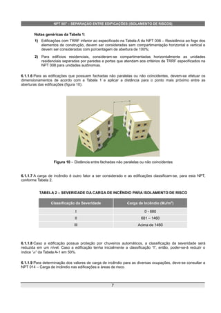 NPT 007 – SEPARAÇÃO ENTRE EDIFICAÇÕES (ISOLAMENTO DE RISCOS)
Notas genéricas da Tabela 1:
1) Edificações com TRRF inferior ao especificado na Tabela A da NPT 008 – Resistência ao fogo dos
elementos de construção, devem ser consideradas sem compartimentação horizontal e vertical e
devem ser consideradas com porcentagem de abertura de 100%;
2) Para edifícios residenciais, consideram-se compartimentadas horizontalmente as unidades
residenciais separadas por paredes e portas que atendam aos critérios de TRRF especificados na
NPT 008 para unidades autônomas.
6.1.1.6 Para as edificações que possuem fachadas não paralelas ou não coincidentes, devem-se efetuar os
dimensionamentos de acordo com a Tabela 1 e aplicar a distância para o ponto mais próximo entre as
aberturas das edificações (figura 10).
Figura 10 – Distância entre fachadas não paralelas ou não coincidentes
6.1.1.7 A carga de incêndio é outro fator a ser considerado e as edificações classificam-se, para esta NPT,
conforme Tabela 2.
TABELA 2 – SEVERIDADE DA CARGA DE INCÊNDIO PARA ISOLAMENTO DE RISCO
Classificação da Severidade Carga de Incêndio (MJ/m2
)
I 0 - 680
II 681 – 1460
III Acima de 1460
6.1.1.8 Caso a edificação possua proteção por chuveiros automáticos, a classificação da severidade será
reduzida em um nível. Caso a edificação tenha inicialmente a classificação “I”, então, poder-se-á reduzir o
índice “” da Tabela A-1 em 50%.
6.1.1.9 Para determinação dos valores de carga de incêndio para as diversas ocupações, deve-se consultar a
NPT 014 – Carga de incêndio nas edificações e áreas de risco.
7
 