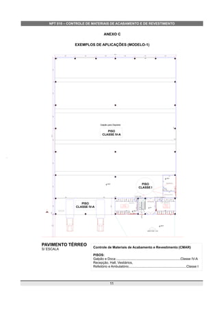 NPT 010 – CONTROLE DE MATERIAIS DE ACABAMENTO E DE REVESTIMENTO
ANEXO C
EXEMPLOS DE APLICAÇÕES (MODELO-1)
11
PAVIMENTO TÉRREO
S/ ESCALA
Controle de Materiais de Acabamento e Revestimento (CMAR)
PISOS:
Galpão e Doca:......................................................................Classe IV-A
Recepção, Hall, Vestiários,
Refeitório e Ambulatório...............................................................Classe I
DOCA
40,70
6,50
P1 P1
6,50 7,00
1,25 1,25
1,201,201,20
6,60
PMH
TM
P2
6,507,006,50
P3
B
B
B
99,00
99,10
99,10
99,00
99,10
40,40
RAMPA SOBE 11,34%
Galpão para Depósito
1,20
1,24 1,24 1,24 1,24 1,24
wc wc wc wc
ch ch ch ch ch
AC
1,00
PMH
2,53 2,50
3,10
1,30 1,30 1,30 1,30 1,30
1,35 1,351,351,20 1,00
ch AC ch ch ch
wc wc wc wc wc
1,00
PMH
PMH
AC
7,45
4,25
3,10
4,25
PISO
CLASSE IV-A
PISO
CLASSE IV-A
PISO
CLASSE I
 