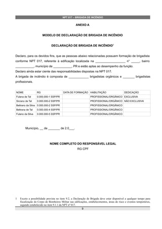 NPT 017 – BRIGADA DE INCÊNDIO
ANEXO A
MODELO DE DECLARAÇÃO DE BRIGADA DE INCÊNDIO
DECLARAÇÃO DE BRIGADA DE INCÊNDIO1
Declaro, para os devidos fins, que as pessoas abaixo relacionadas possuem formação de brigadista
conforme NPT 017, referente à edificação localizada na __________________ n° _____, bairro
___________, município de ___________, PR e estão aptas ao desempenho da função.
Declaro ainda estar ciente das responsabilidades dispostas na NPT 017.
A brigada de incêndio é composta de ____________ brigadistas orgânicos e _______ brigadistas
profissionais.
NOME RG DATA DE FORMAÇÃO HABILITAÇÃO DEDICAÇÃO
Fulana de Tal 0.000.000-1 SSP/PR PROFISSIONAL/ORGÂNICO EXCLUSIVA
Sicrano de Tal 0.000.000-2 SSP/PR PROFISSIONAL/ORGÂNICO NÃO EXCLUSIVA
Beltrano da Silva 0.000.000-2 SSP/PR PROFISSIONAL/ORGÂNICO
Beltrana de Tal 0.000.000-4 SSP/PR PROFISSIONAL/ORGÂNICO
Fulano da Silva 0.000.000-5 SSP/PR PROFISSIONAL/ORGÂNICO
Município, __ de _______ de 2.0___.
NOME COMPLETO DO RESPONSÁVEL LEGAL
RG CPF
1 Exceto a possibilidade prevista no item 9.2, a Declaração de Brigada deve estar disponível a qualquer tempo para
fiscalização do Corpo de Bombeiros Militar nas edificações, estabelecimentos, áreas de risco e eventos temporários,
segundo estabelecido no item 9.1.1 da NPT nº 017.
9
 