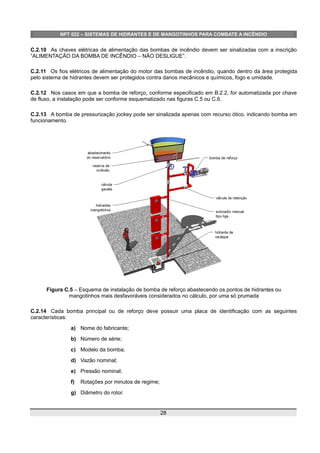 NPT 022 – SISTEMAS DE HIDRANTES E DE MANGOTINHOS PARA COMBATE A INCÊNDIO
C.2.10 As chaves elétricas de alimentação das bombas de incêndio devem ser sinalizadas com a inscrição
“ALIMENTAÇÃO DA BOMBA DE INCÊNDIO – NÃO DESLIGUE”.
C.2.11 Os fios elétricos de alimentação do motor das bombas de incêndio, quando dentro da área protegida
pelo sistema de hidrantes devem ser protegidos contra danos mecânicos e químicos, fogo e umidade.
C.2.12 Nos casos em que a bomba de reforço, conforme especificado em B.2.2, for automatizada por chave
de fluxo, a instalação pode ser conforme esquematizado nas figuras C.5 ou C.6.
C.2.13 A bomba de pressurização jockey pode ser sinalizada apenas com recurso ótico, indicando bomba em
funcionamento.
Figura C.5 – Esquema de instalação de bomba de reforço abastecendo os pontos de hidrantes ou
mangotinhos mais desfavoráveis considerados no cálculo, por uma só prumada
C.2.14 Cada bomba principal ou de reforço deve possuir uma placa de identificação com as seguintes
características:
a) Nome do fabricante;
b) Número de série;
c) Modelo da bomba;
d) Vazão nominal;
e) Pressão nominal;
f) Rotações por minutos de regime;
g) Diâmetro do rotor.
28
 