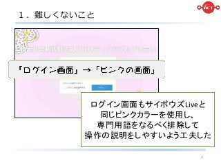 １．難しくないこと
13
ログイン画面もサイボウズLiveと
同じピンクカラーを使用し、
専門用語をなるべく排除して
操作の説明をしやすいよう工夫した
 