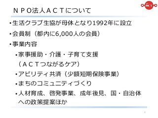 ＮＰＯ法人ＡＣＴについて
•生活クラブ生協が母体となり1992年に設立
•会員制（都内に6,000人の会員）
•事業内容
•家事援助・介護・子育て支援
（ＡＣＴつながるケア）
•アビリティ共済（少額短期保険事業）
•まちのコミュニティづくり
•人材育成、啓発事業、成年後見、国・自治体
への政策提案ほか
3
 