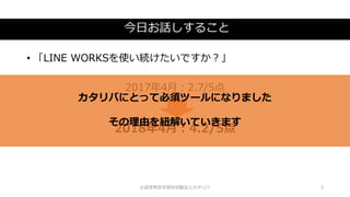 今日お話しすること
©認定特定非営利活動法人カタリバ 3
• 「LINE WORKSを使い続けたいですか？」
2017年4月：2.7/5点
2018年4月：4.2/5点
カタリバにとって必須ツールになりました
その理由を紐解いていきます
 