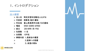 1. イントロダクション
法人概要
➢ 法人名 特定非営利活動法人えがお
➢ 代表者 理事長 鳥井 謙祐
➢ 所在地 富山県高岡市北島1545番地
➢ 電話 050-3085-6900
➢ 設立 2018年1月19日
➢ 社員数 11名
➢ 会員数 109名
➢ 事業内容 1.患者会の運営
➢ 2.医師への啓蒙
➢ 3. 疾患の周知
Copyright (C) 2020 NPO EGAO All Rights Reserved.
 
