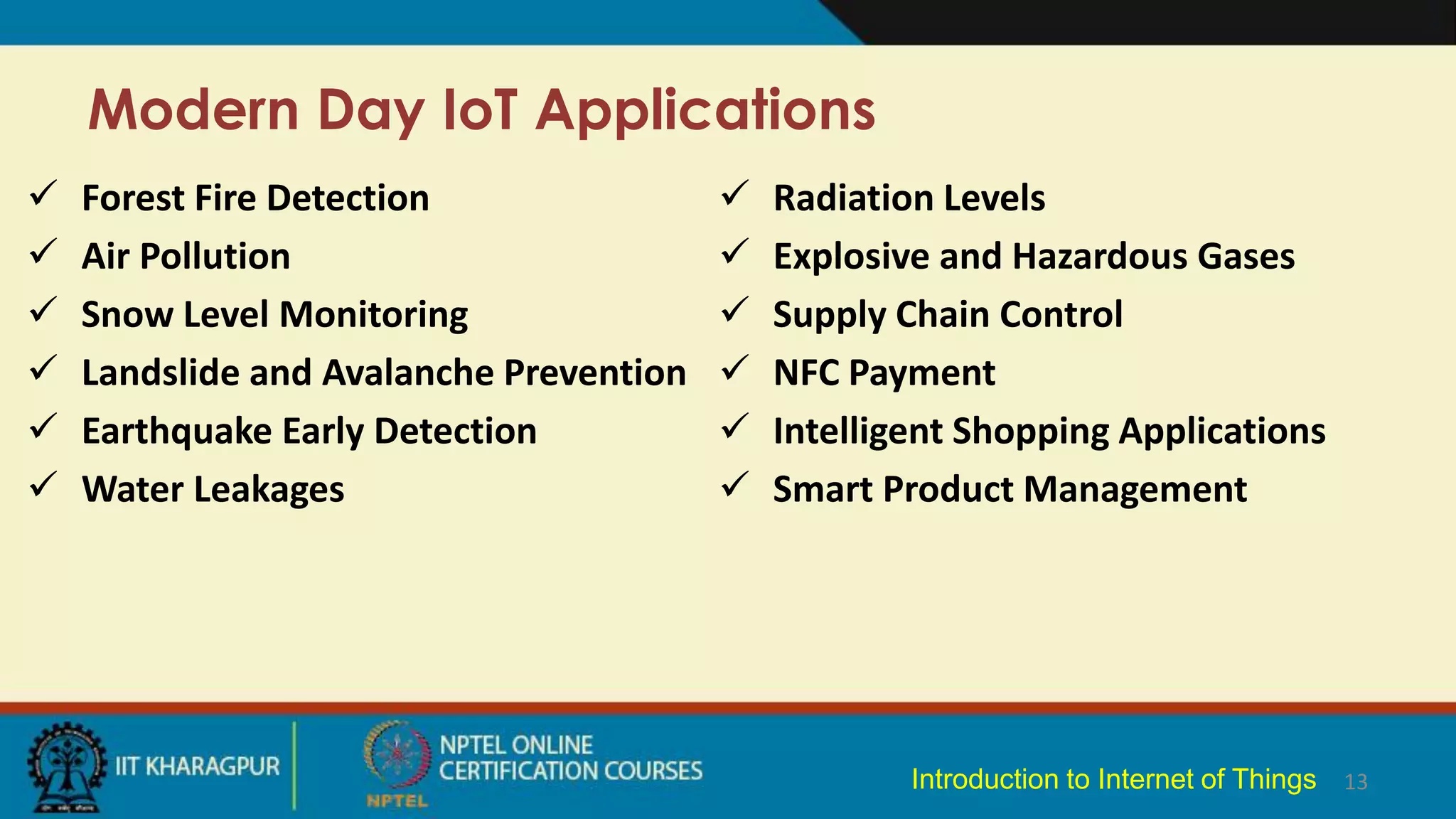 Modern Day IoT Applications
13
 Forest Fire Detection
 Air Pollution
 Snow Level Monitoring
 Landslide and Avalanche Prevention
 Earthquake Early Detection
 Water Leakages
 Radiation Levels
 Explosive and Hazardous Gases
 Supply Chain Control
 NFC Payment
 Intelligent Shopping Applications
 Smart Product Management
Introduction to Internet of Things
 
