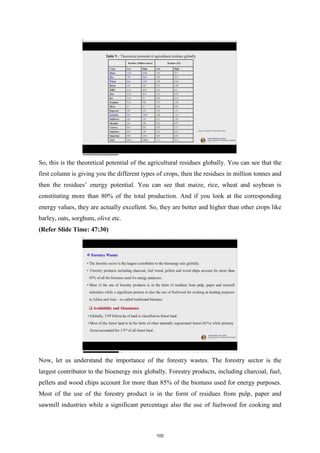 So, this is the theoretical potential of the agricultural residues globally. You can see that the
first column is giving you the different types of crops, then the residues in million tonnes and
then the residues’ energy potential. You can see that maize, rice, wheat and soybean is
constituting more than 80% of the total production. And if you look at the corresponding
energy values, they are actually excellent. So, they are better and higher than other crops like
barley, oats, sorghum, olive etc.
(Refer Slide Time: 47:30)
Now, let us understand the importance of the forestry wastes. The forestry sector is the
largest contributor to the bioenergy mix globally. Forestry products, including charcoal, fuel,
pellets and wood chips account for more than 85% of the biomass used for energy purposes.
Most of the use of the forestry product is in the form of residues from pulp, paper and
sawmill industries while a significant percentage also the use of fuelwood for cooking and
105
 