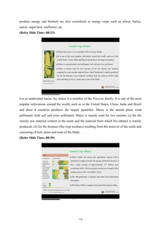 produce energy and biofuels are also considered as energy crops such as wheat, barley,
maize, sugar beet, sunflower, etc.
(Refer Slide Time: 08:23)
Let us understand maize. So, maize is a member of the Poaceae family. It is one of the most
popular cultivations around the world, such as in the United States, China, India and Brazil
and these 4 countries produces the largest quantities. Maize is the annual plant, wind
pollinated, both self and cross pollinated. Maize is mainly used for two reasons: (i) for the
starchy raw material content in the seeds and the material from which bio ethanol is mainly
produced; (ii) for the biomass (the crop residues) resulting from the removal of the seeds and
consisting of leaf, stems and cone of the blade.
(Refer Slide Time: 08:59)
119
 