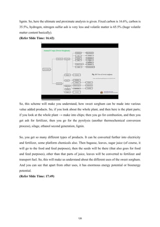 lignin. So, here the ultimate and proximate analysis is given. Fixed carbon is 16.6%, carbon is
35.5%, hydrogen, nitrogen sulfur ash is very less and volatile matter is 65.5% (huge volatile
matter content basically).
(Refer Slide Time: 16:42)
So, this scheme will make you understand, how sweet sorghum can be made into various
value added products. So, if you look about the whole plant, and then here is the plant parts;
if you look at the whole plant → make into chips; then you go for combustion, and then you
get ash for fertilizer, then you go for the pyrolysis (another thermochemical conversion
process), silage, ethanol second generation, lignin.
So, you get so many different types of products. It can be converted further into electricity
and fertilizer, some platform chemicals also. Then bagasse, leaves, sugar juice (of course, it
will go to the food and feed purposes), then the seeds will be there (that also goes for food
and feed purposes), other than that parts of juice, leaves will be converted to fertilizer and
transport fuel. So, this will make us understand about the different uses of the sweet sorghum.
And you can see that apart from other uses, it has enormous energy potential or bioenergy
potential.
(Refer Slide Time: 17:49)
126
 