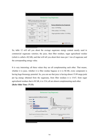 So, table 12 will tell you about the average sugarcane energy content mostly used in
commercial sugarcane varieties; the juice, then fiber residues, sugar agricultural residue
(which is called a SCAR); and that will tell you about their mass per 1 ton of sugarcane and
the corresponding energy value.
It is very interesting; all these values they are all complementing each other. That means,
whether it is juice, whether it is fiber residue bagasse or it is SCAR, every component is
having huge bioenergy potential. So, you can see that juice is having almost 15.89 mega joule
per kg energy obtained from the sugarcane, from fiber residues it is 15.67, from sugar
agricultural residues that is SCAR, it is 15.6; all are almost complementing each other.
(Refer Slide Time: 37:33)
141
 