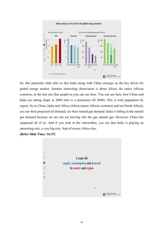 So, this particular slide tells us that India along with China emerges as the key driver for
global energy market. Another interesting observation is about Africa; the entire African
countries, in the last one (bar graph) as you can see here. You can see here, how China and
India are taking shape in 2040 (this is a projection till 2040). This is total population by
region. So in China, India and Africa (Africa means African continent and not South Africa),
you see their projected oil demand, see their natural gas demand. India is falling in the natural
gas demand because we are not yet moving into the gas natural gas. However, China has
surpassed all of us. And if you look at the renewables, you see that India is playing an
interesting role, a very big role. And of course Africa also.
(Refer Slide Time: 16:37)
15
 